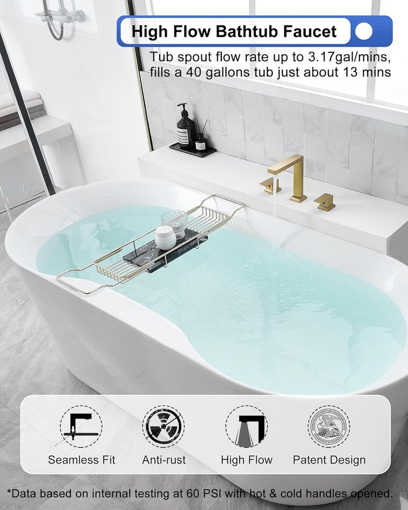 HEYMYTAP High Flow Gold Bathtub Faucet, Brass Bath Tub Faucet Set 3 Hole Roman Tub Faucets Deck Mounted Bathtub Faucet Set 2 Handle 1/2" NPT Female Cartridge Spout Reach 5.3inch - Image 2